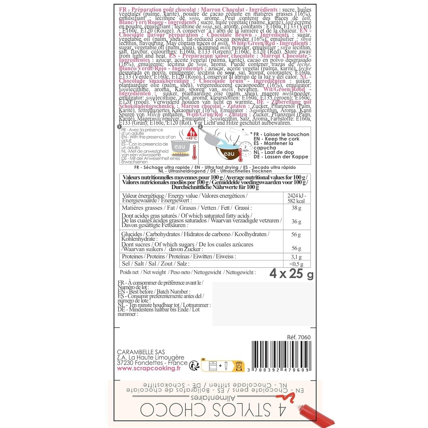 Scrapcooking - Sada 4 vánočních čokoládových pastelek - hnědá, bílá, zelená a červená - Jedlé barvivo - Potravinářské barvivo pro psaní - Psaní a kreslení na dezerty, dorty a sušenky - 7060