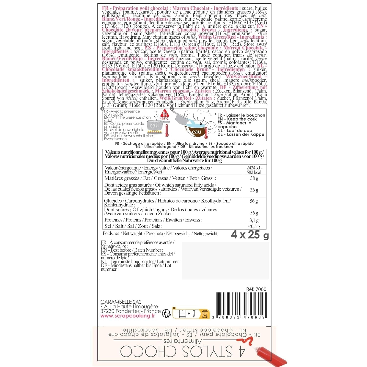 Scrapcooking - Sada 4 vánočních čokoládových pastelek - hnědá, bílá, zelená a červená - Jedlé barvivo - Potravinářské barvivo pro psaní - Psaní a kreslení na dezerty, dorty a sušenky - 7060