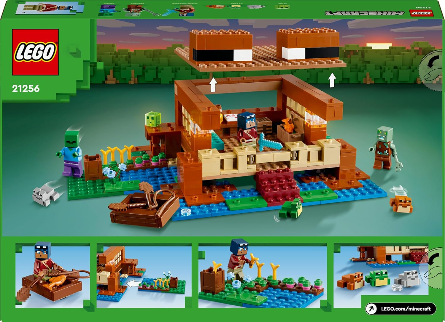 LEGO Minecraft The Frog House, domeček na hraní s figurkami včetně zombie, slizu a tonoucího muže, plus doplňky, jako je hračka člun a pracovní stůl, dárek pro chlapce a dívky od 8 let 21256 Stavebnice Besuche den LEGO-Store