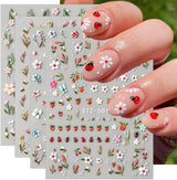 JMEOWIO 3D Nálepka na nehty Blumen Frucht Nálepka na nehty Selbstklebend Nagelaufkleber 5D Stereoskopická dekorace Nageldesign Zubehör 4 Blatt