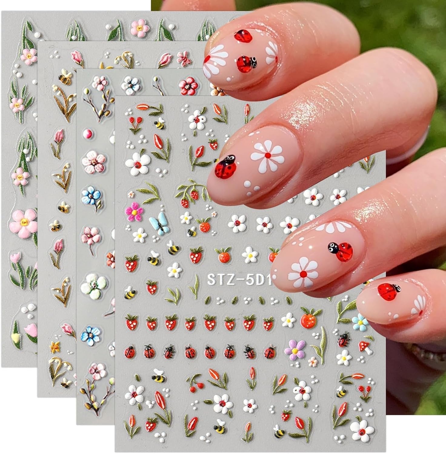JMEOWIO 3D Nálepka na nehty Blumen Frucht Nálepka na nehty Selbstklebend Nagelaufkleber 5D Stereoskopická dekorace Nageldesign Zubehör 4 Blatt