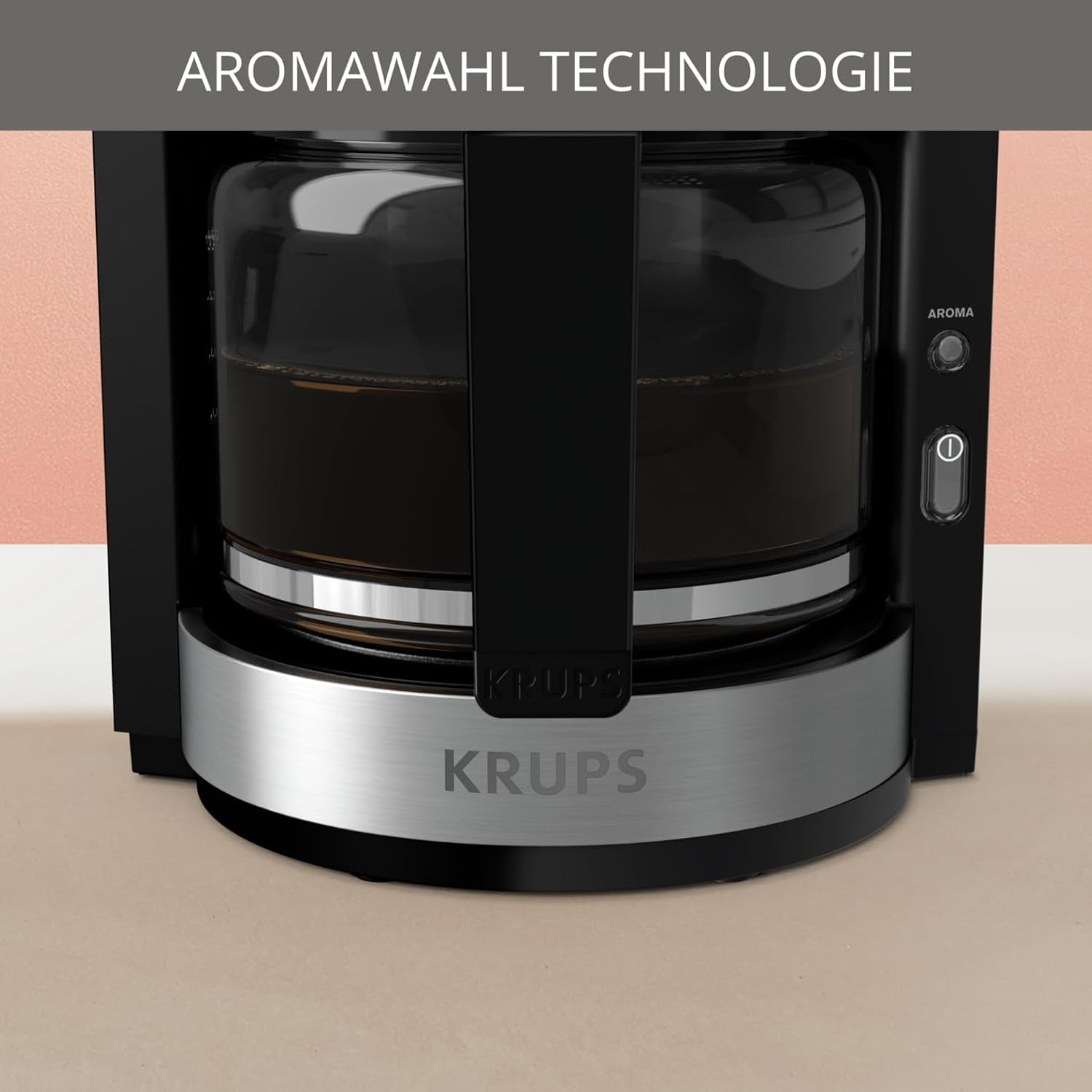 Espresso kávovar Krups KM3210 Pro Aroma Plus, 10 šálků, 1,25 l, udržování teploty po dobu 30 minut, viditelné okénko hladiny vody, systém proti odkapávání, černý s nerezovými aplikacemi