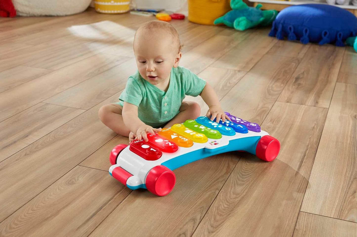Fisher-Price Light-up obří xylofon - elektronický hudební nástroj k tahání s písničkami s učebním obsahem, pro děti, batolata od 9 měsíců, vícebarevné, verze: francouzská, HJK40 Jucarii Bebe Naty Shop