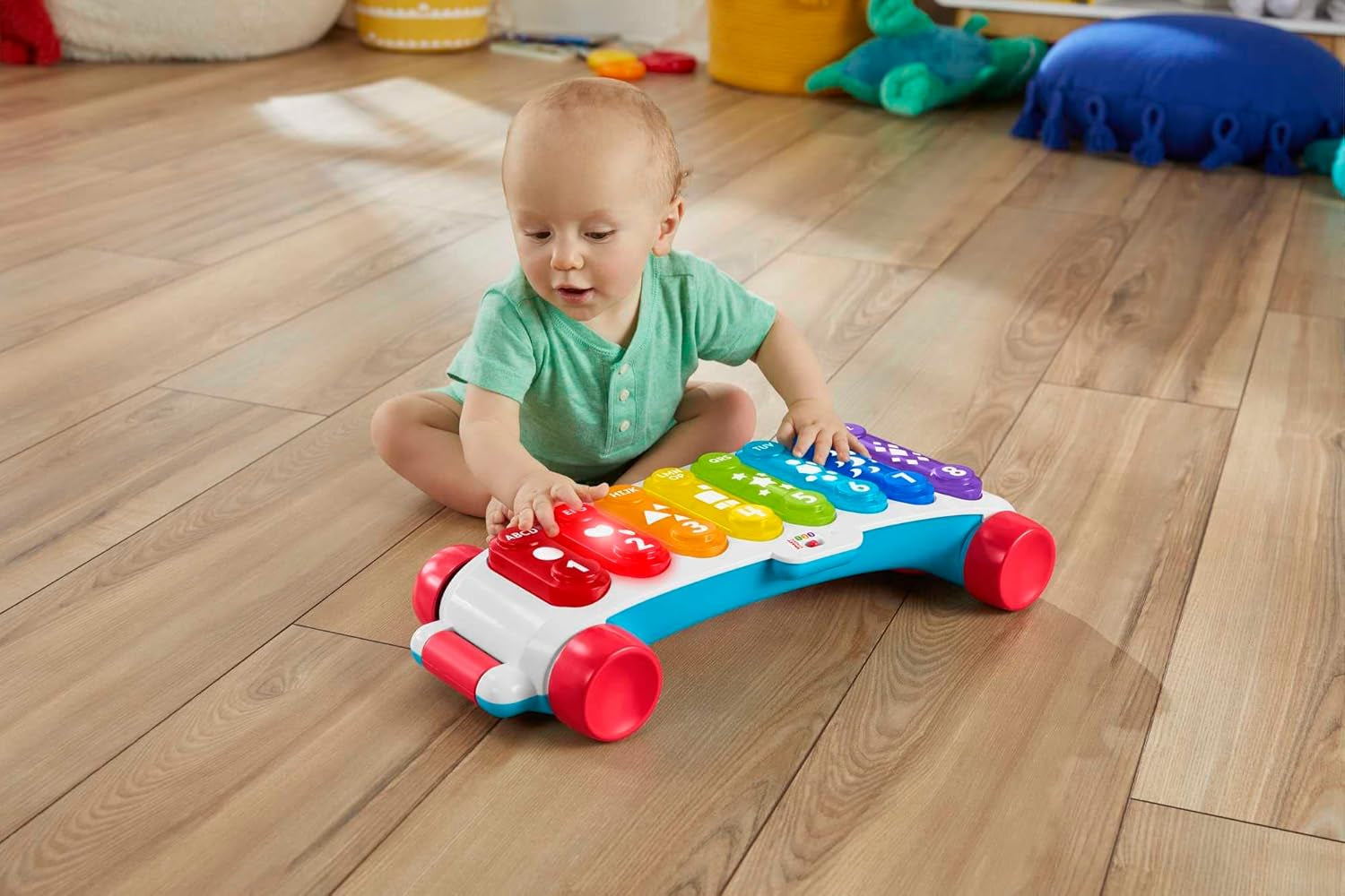 Fisher-Price Light-up obří xylofon - elektronický hudební nástroj k tahání s písničkami s učebním obsahem, pro děti, batolata od 9 měsíců, vícebarevné, verze: francouzská, HJK40 Jucarii Bebe Naty Shop
