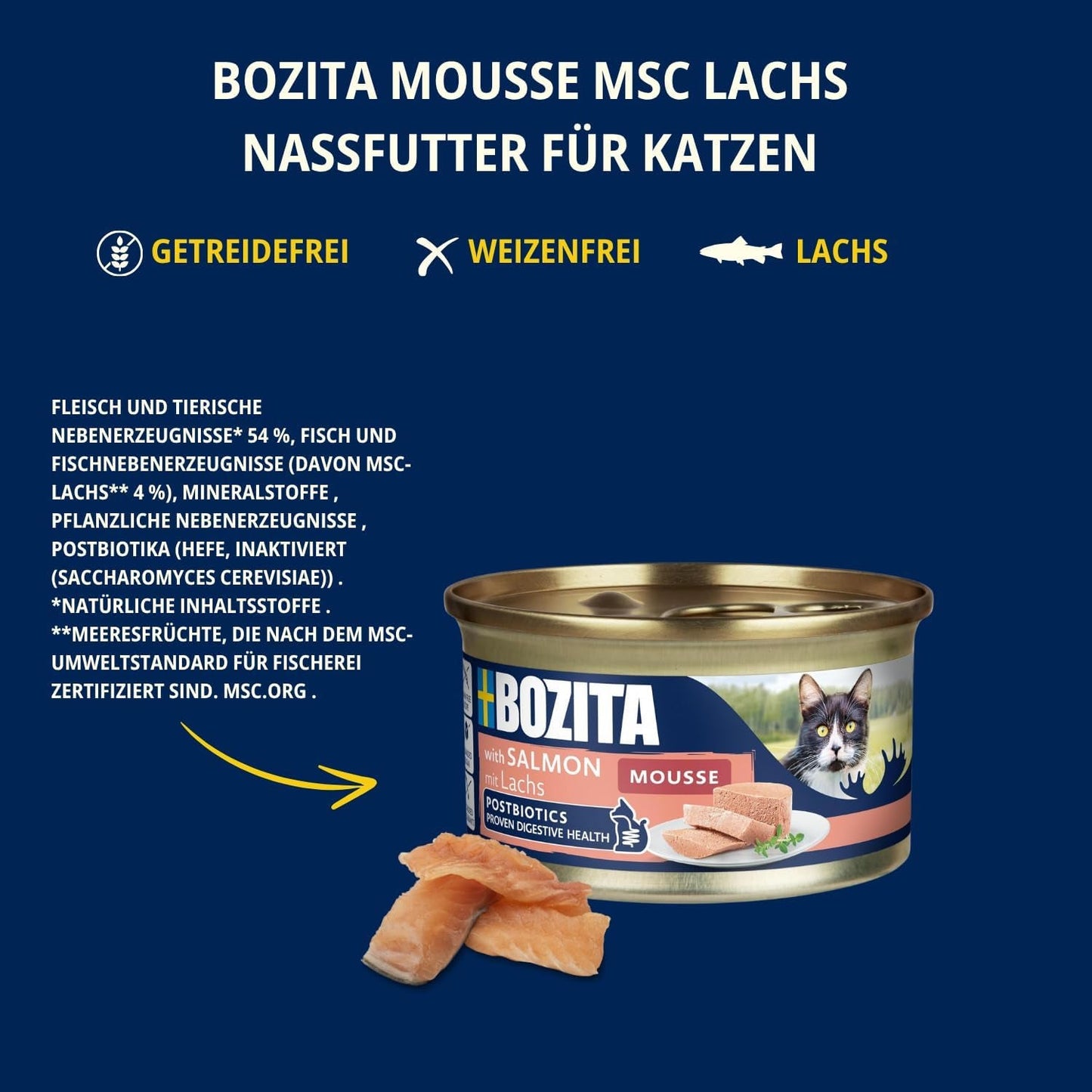 Bozita Mousse MSC Losos - 12 x 85 g vlhké krmivo pro kočky s jemnou texturou pěny a lososa - receptura bez obilovin, bez přidaného cukru a barviv - s postbiotiky pro podporu střevní flóry