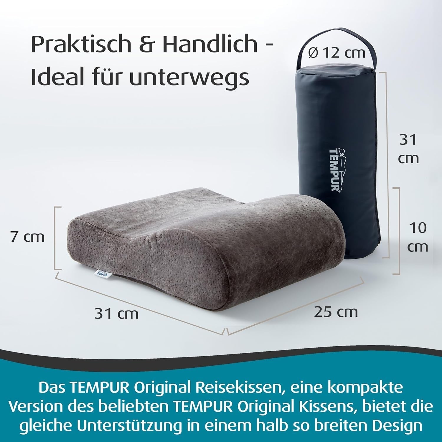 TEMPUR cestovní polštář z paměťové pěny, ergonomický polštář na krk, včetně přenosné tašky, antracit, rozměry 25 x 31 x 10/7 cm
