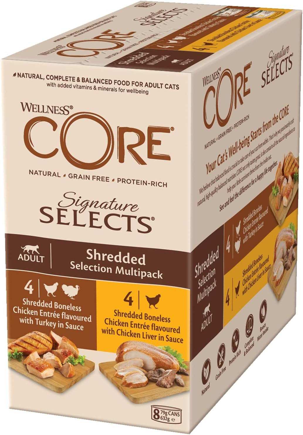 Wellness CORE Signature Selects 8 x 79 g, kuřecí a krůtí směs - mokré krmivo pro kočky, lahodné proužky v omáčce, bez obilovin, přírodní, hypoalergenní, s vysokým obsahem bílkovin, s vysokým obsahem masa