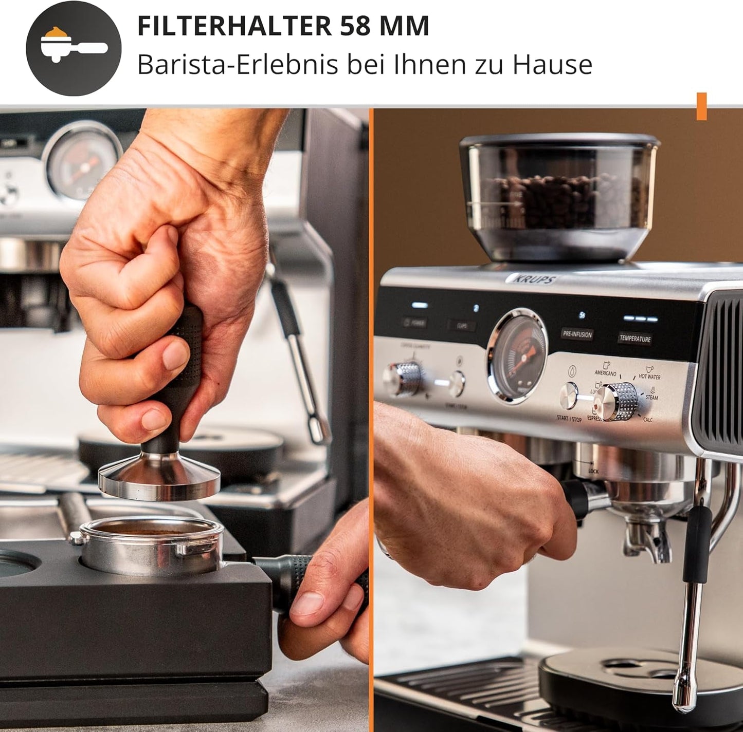 Krups Precision manuální espresso kávovar s portafiltrem a mlýnkem, baristický kávovar s intuitivním ovládacím panelem, nastavení předinfuze, espresso kávovar s parní tryskou, rychlý ohřev, XP801T10