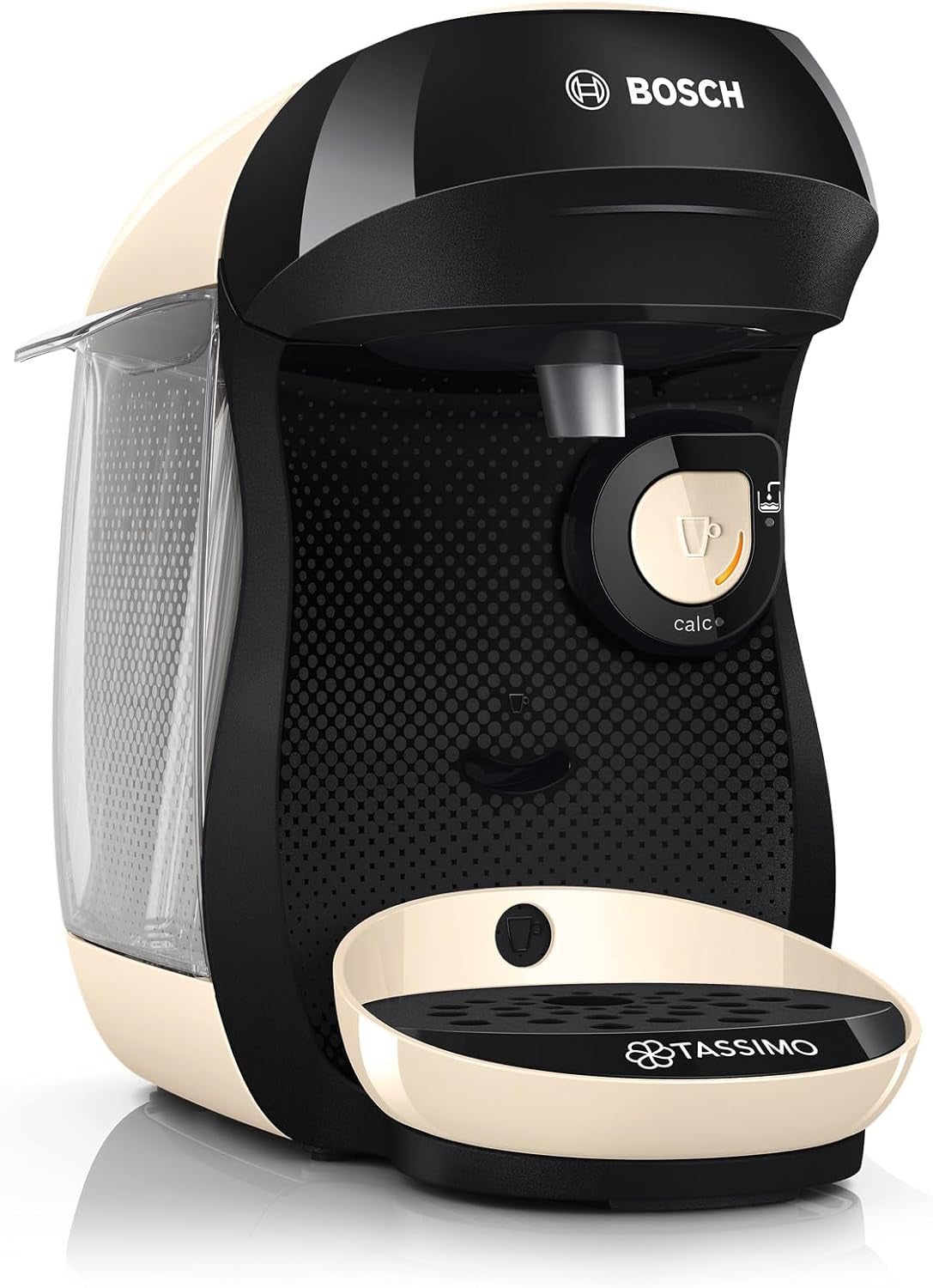 Bosch Tassimo Happy Friendly kávovar na kapsle TAS107E, 70+ nápojů, vhodný pro všechny šálky, Auto-Stop, udržitelný, perfektní dávkování, úspora místa, 1400 W, krémová/černá