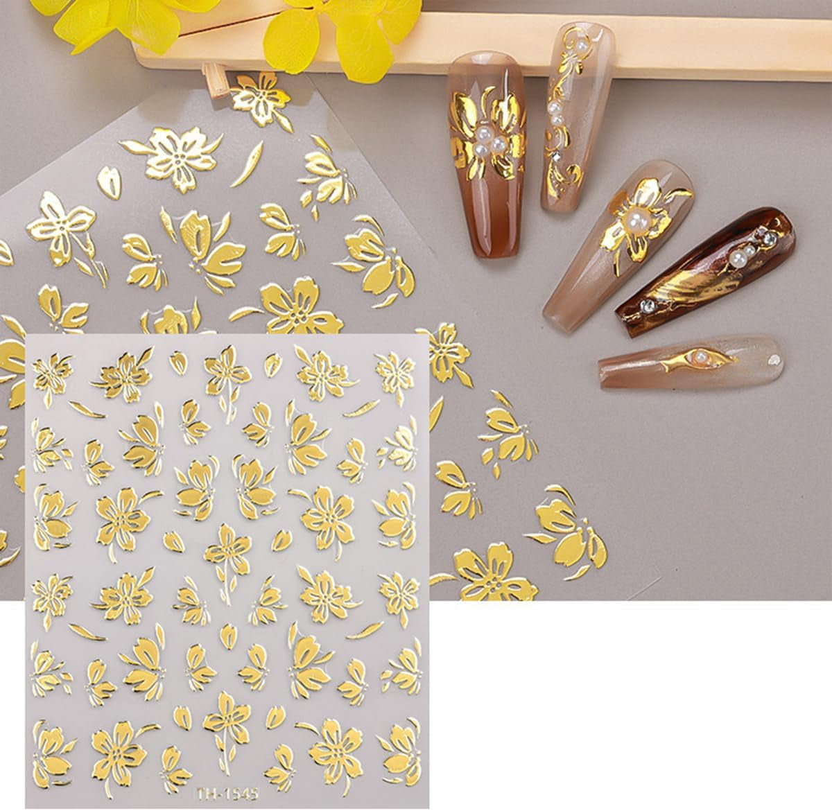 JMEOWIO Nálepka na nehty Goldene Blumen 8 Blatt Nálepka na nehty Selbtklebend Nagelaufkleber Dekoration Nageldesign Zubehör