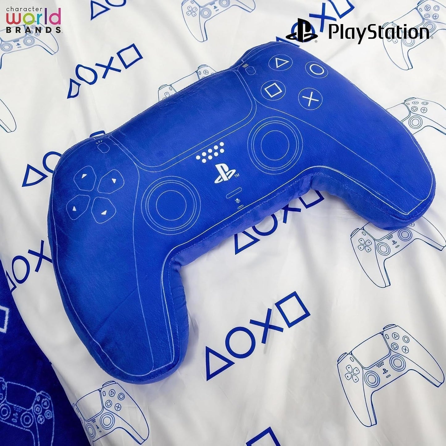 Svět postav: Oficiálně licencovaný polštář ve tvaru ovladače Playstation, design sluchátka, vycpaný plyšový polštář | Modré standardní polštáře Naty Shop, ideální do ložnice nebo na hraní