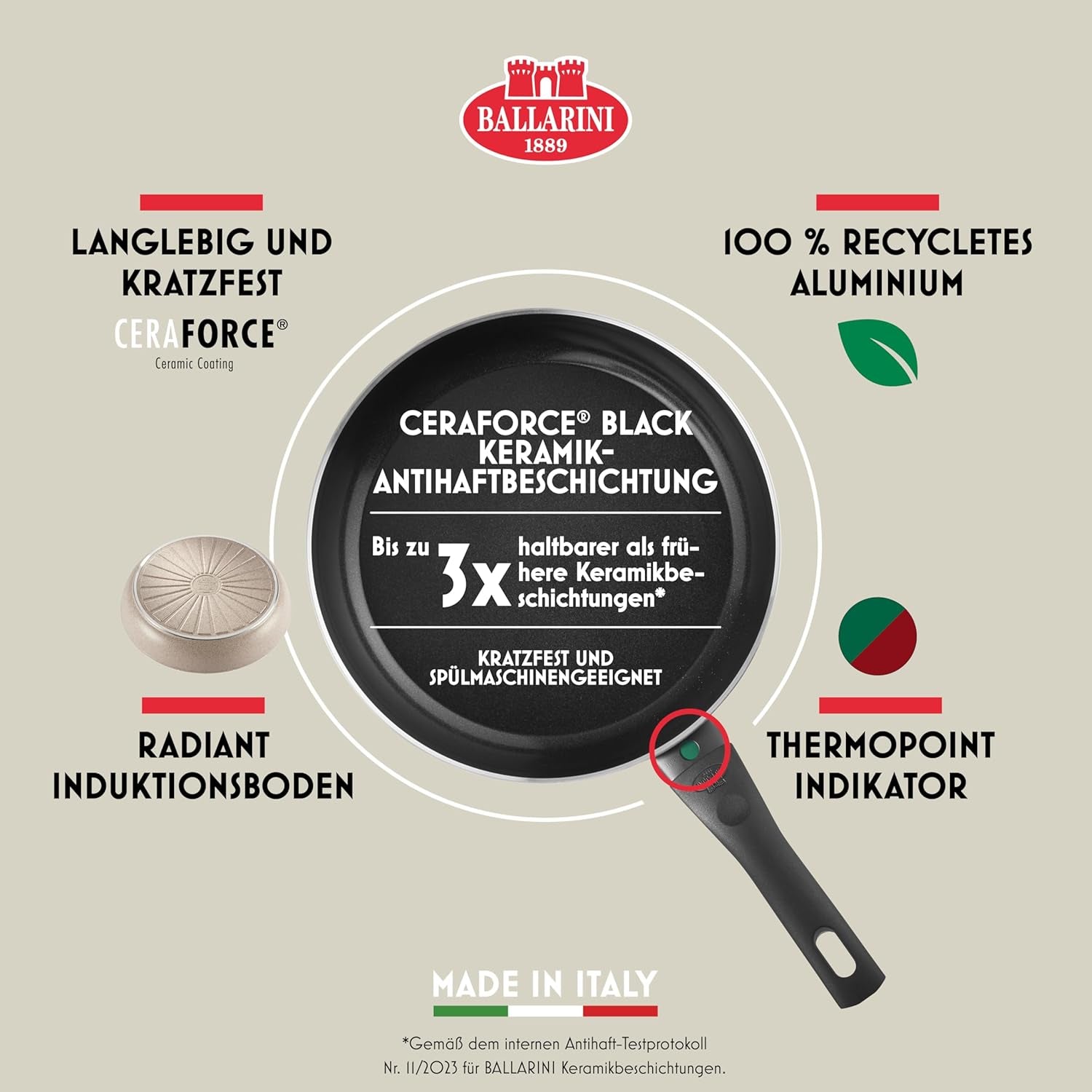 Pánev Ledro, 24 cm, hliník, vhodná na indukci, nepřilnavý keramický povrch, Thermopoint, Made in Italy, béžové Hrnce a pánve Naty Shop