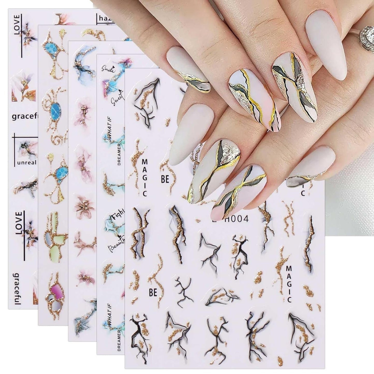 Jmeowio JMEOWIO Nálepka na nehty Marmor Französische Spitze 10 Blatt Nálepka na nehty Selbtklebend Nagelaufkleber Bunt Dekoration Nageldesign Zubehör