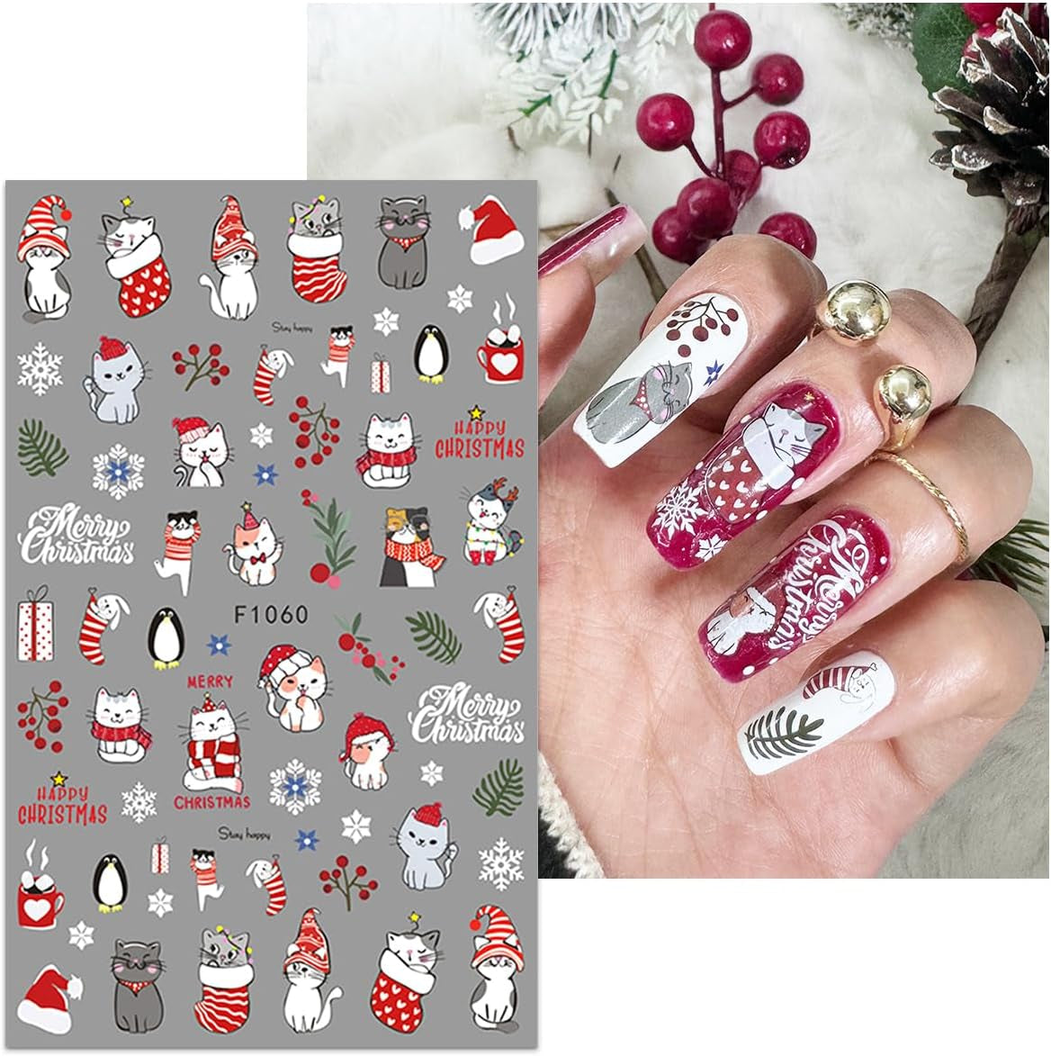 JMEOWIO Nagelsticker Weihnachten 10 Blatt Nail Art Sticker Selbtklebend Nagelaufkleber Schneeflocke Winter Urlaub Süß Dekoration Nageldesign Zubehör