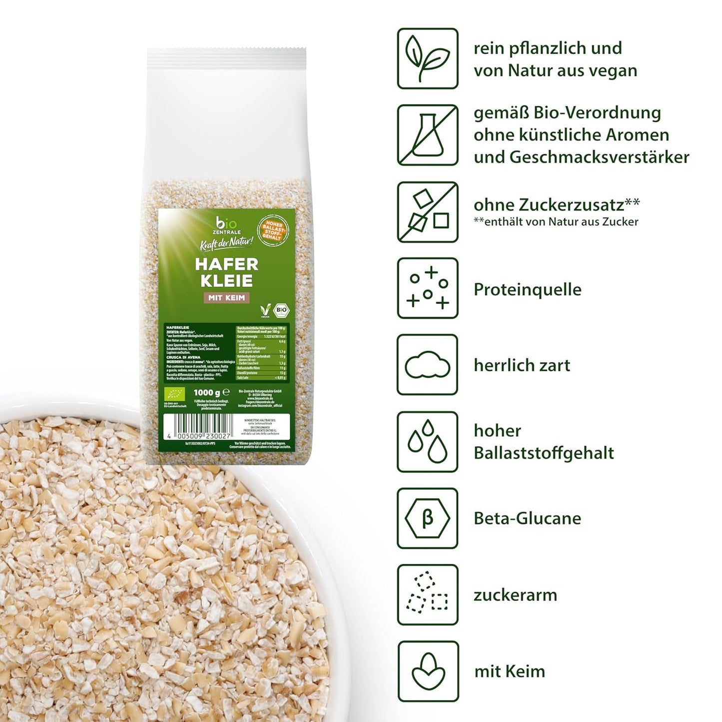 Biocentral bio ovesné otruby 1 kg | Výhodný balíček | Zdroj bílkovin s vysokým obsahem vlákniny | Přirozeně vegan | Ze zemědělství EU | Nízký obsah cukru