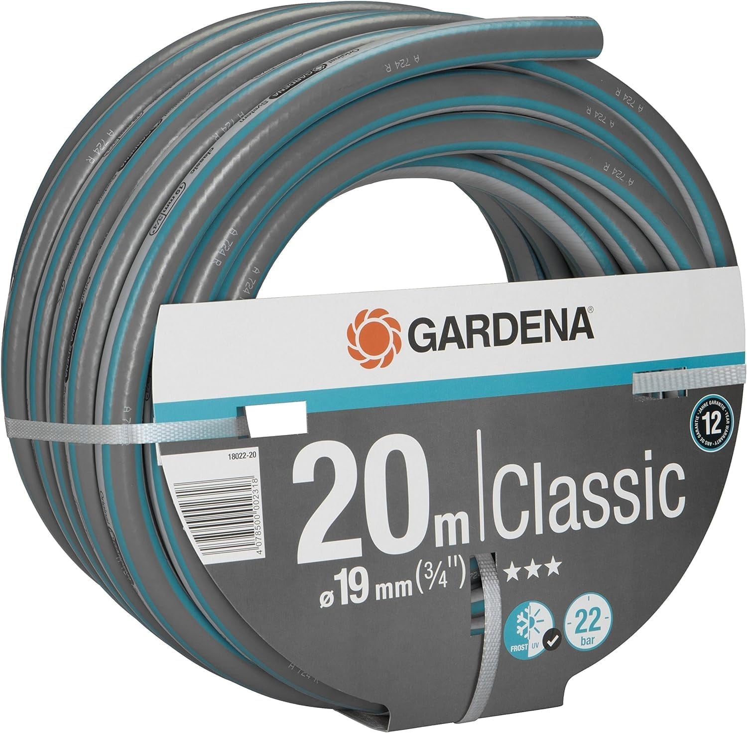 Gardena Classic hadice 19 mm (3/4 palce), 20 m: Univerzální zahradní hadice z robustní tkaniny, křížově tkaná, tlak při roztržení 22 barů, odolná proti UV záření, bez systémových komponent, záruka 12 let (18022-20)