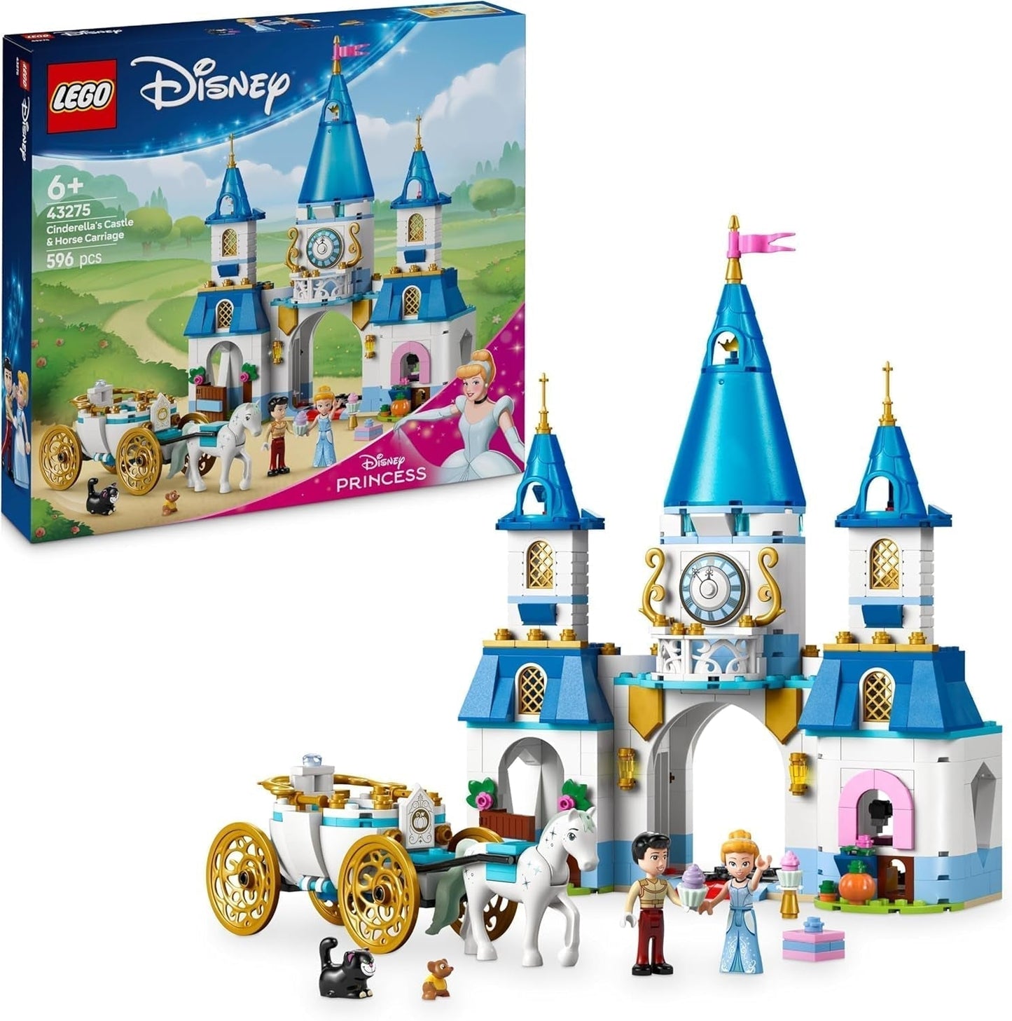 LEGO Ç€ Disney Princezna Castle Popelka a kočár tažený koňmi, Sada pro dívky od 6 let, Fantastická hračka s princeznou Popelkou a princem okouzlujícími mini panenkami, Tip na dárek pro fanoušky Disney 43275 Stavebnice Beuche den LEGO-Store Výchozí název