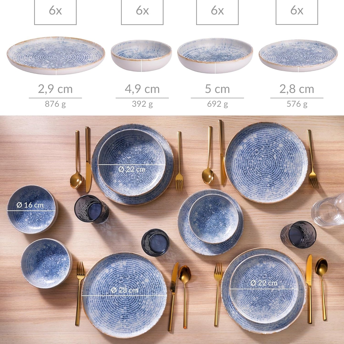 Sada nádobí Azure Vintage pro 6–24 kusů – bílé a modré pruhy, reliéfní povrch – vhodné do myčky, trouby a mikrovlnné trouby