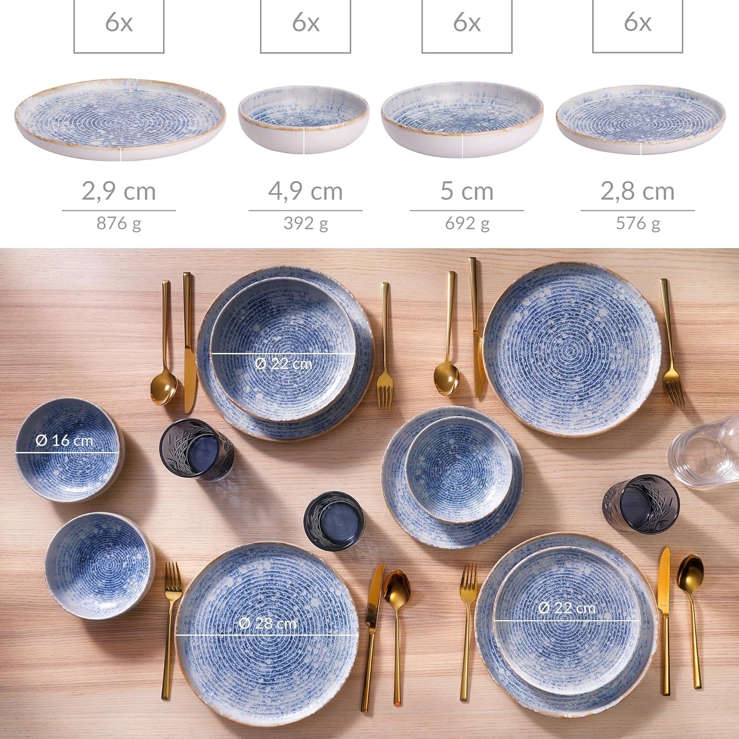 Sada nádobí Azure Vintage pro 6–24 kusů – bílé a modré pruhy, reliéfní povrch – vhodné do myčky, trouby a mikrovlnné trouby