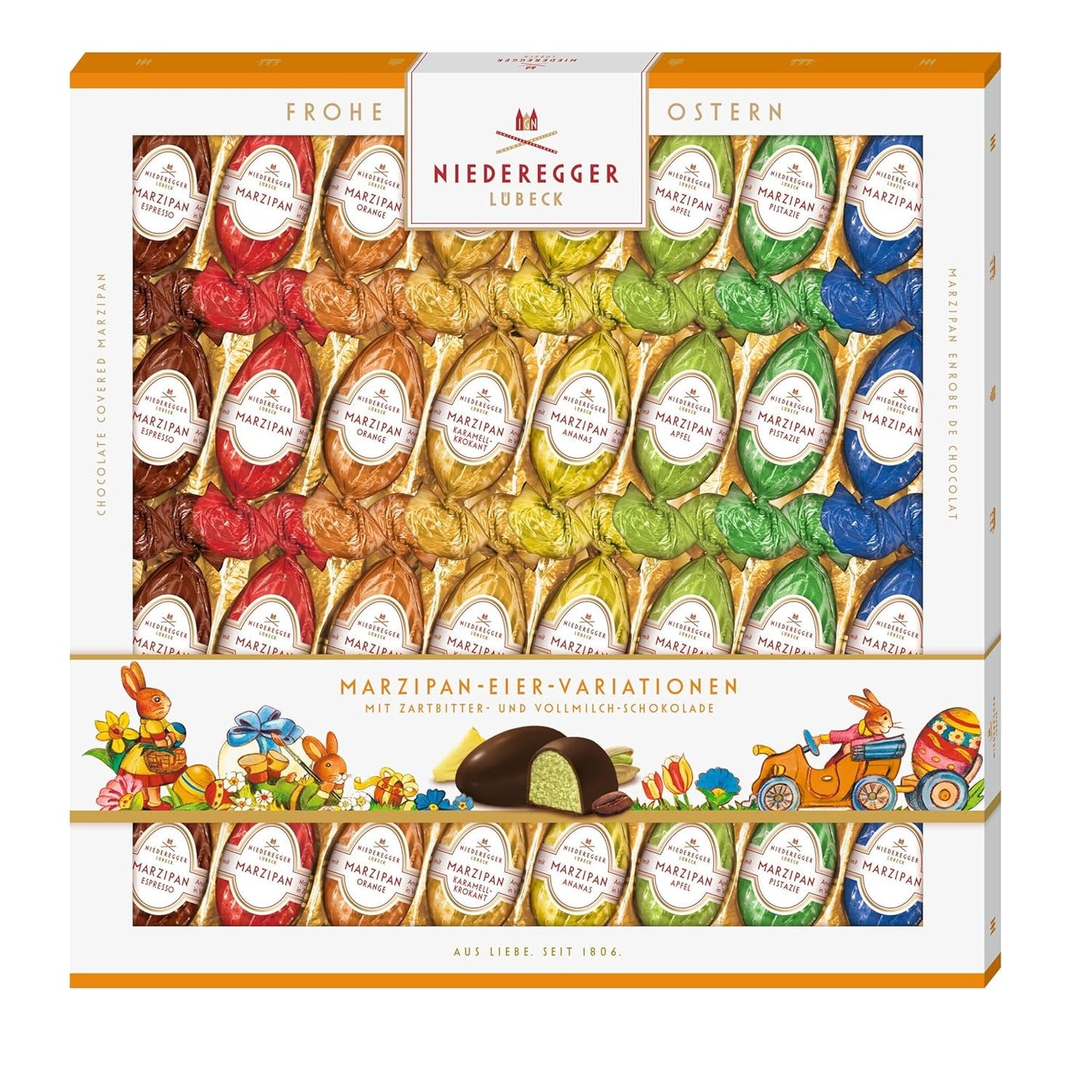 Niederegger | Marcipánová vajíčka | 1 x 400 g | Varianty: Klasika, Mléčná čokoláda, Pomeranč, Karamel Crunch, Ananas, Jablko, Espresso a Pistácie | Polévaný v hořké a mléčné čokoládě | velikonoční dárek