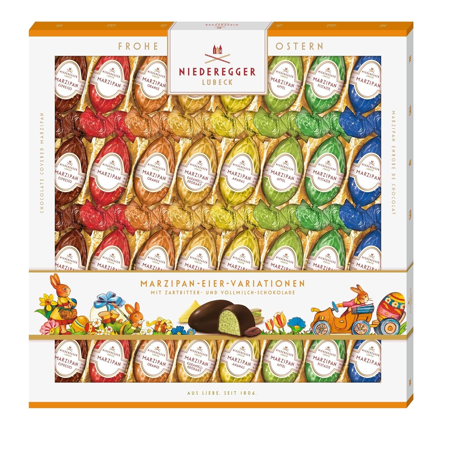 Niederegger | Marcipánová vajíčka | 1 x 400 g | Varianty: Klasika, Mléčná čokoláda, Pomeranč, Karamel Crunch, Ananas, Jablko, Espresso a Pistácie | Polévaný v hořké a mléčné čokoládě | velikonoční dárek