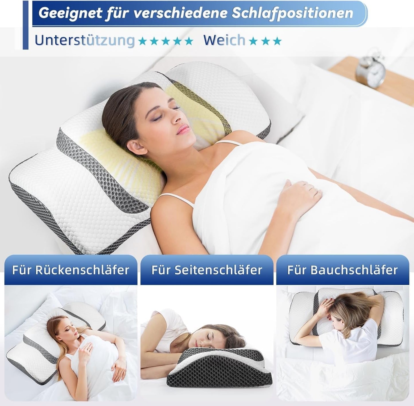 Ortopedický polštář, Ergonomický polštář na krk, Polštář na hlavu, Originální polštář z paměťové pěny na boky, Opěrka zad a žaludku, Polštář na podporu krku pro muže, Ženy (67,3 X 38,2 X 13,8/3 cm) Krční ortopedické polštáře Naty Shop
