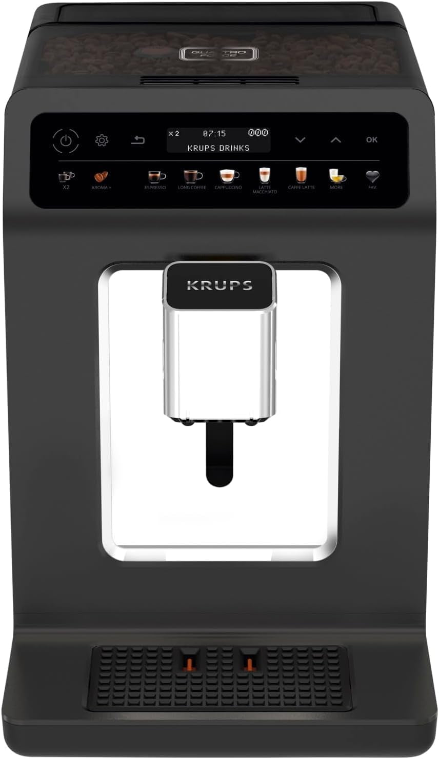 KRUPS Evidence One automatický kávovar na espresso s hadicí na mléko, cappuccino na jeden dotek, 12 speciálních nápojů, funkce 2 šálků, barevný displej, kávovar, certifikát TÜV, černá, EA895N10