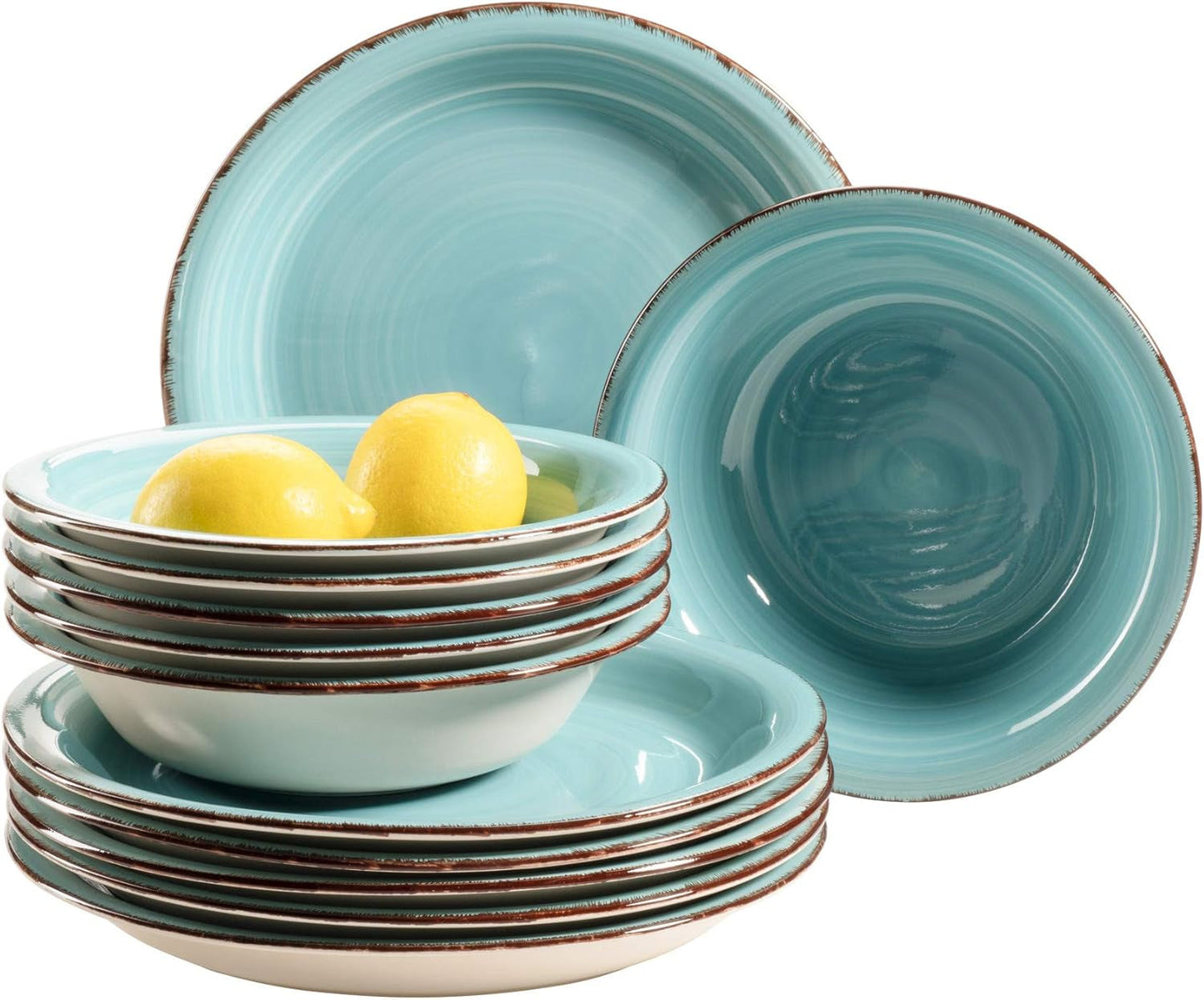 MÄSER Bel Tempo II Teller-Set pro 6 osob v moderním Vintage Look, 12dílný Tafelservice, handbemalt, Türkis, Steingut, 27 centimetrů