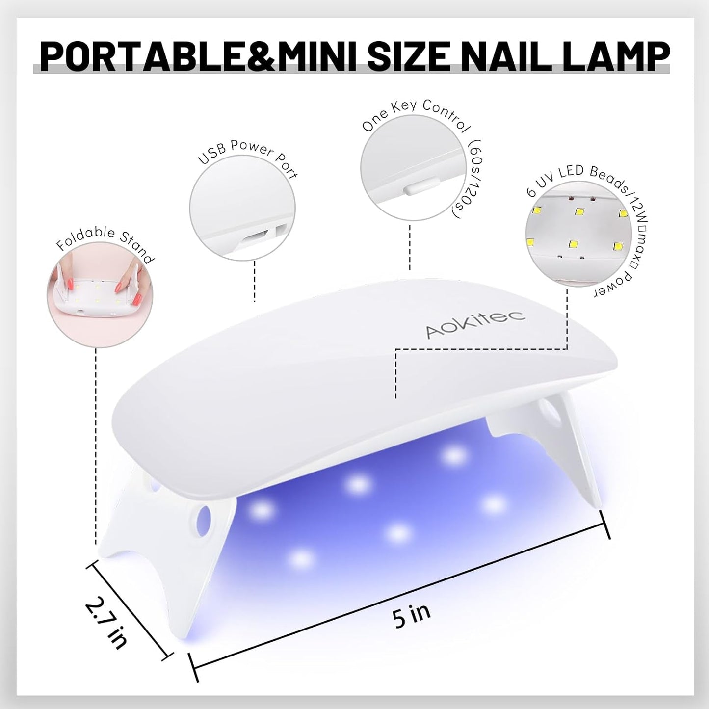 Aokitec Mini LED UV lampa, UV lampa na gelové nehty, přenosný sušák na nehty pro všechny druhy gelových laků na nehty, nástroj pro vytvrzování tvaru myši, kompaktní, lehký s USB kabelem (bílý)