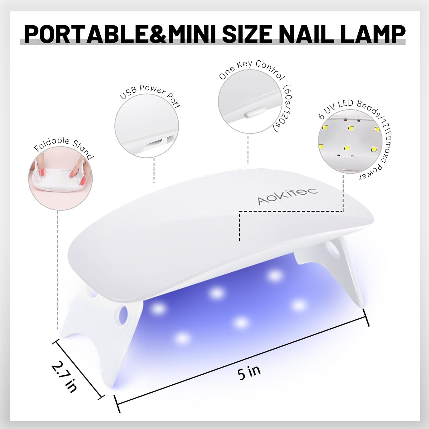 Aokitec Mini LED UV lampa, UV lampa na gelové nehty, přenosný sušák na nehty pro všechny druhy gelových laků na nehty, nástroj pro vytvrzování tvaru myši, kompaktní, lehký s USB kabelem (bílý)