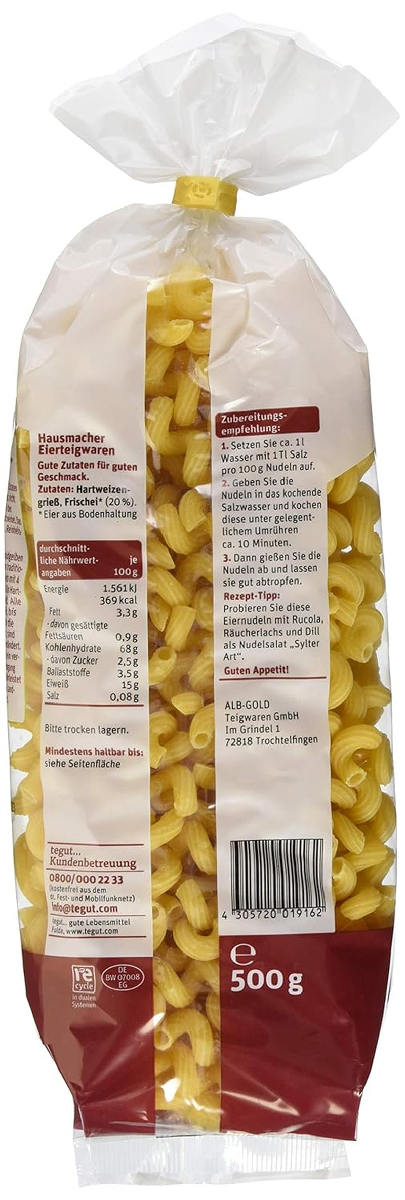 tegut... Nudle s vejcem, vývrtka, 1 x 500 g