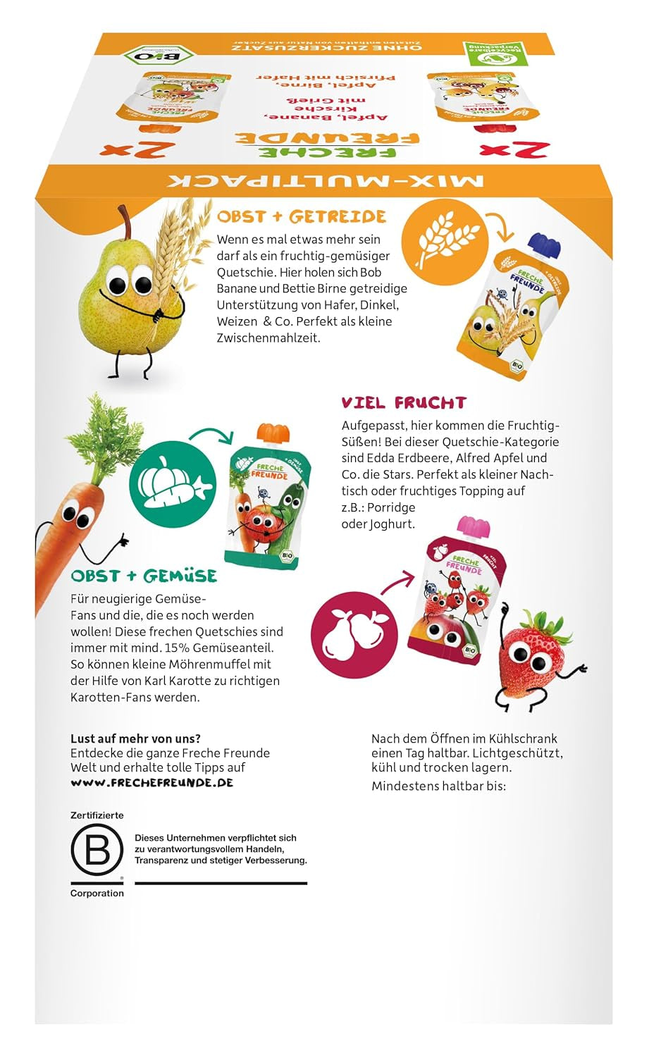 FRECHE FREUNDE Bio Mix ve vícebalném lisovatelném sáčku - ovoce + cereálie, ovocné pyré s cereáliemi v lisovatelném sáčku pro miminka od 6 měsíců, veganské, balení 3, 3 x (4 x 100 g)
