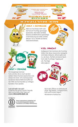 FRECHE FREUNDE Bio Mix ve vícebalném lisovatelném sáčku - ovoce + cereálie, ovocné pyré s cereáliemi v lisovatelném sáčku pro miminka od 6 měsíců, veganské, balení 3, 3 x (4 x 100 g)