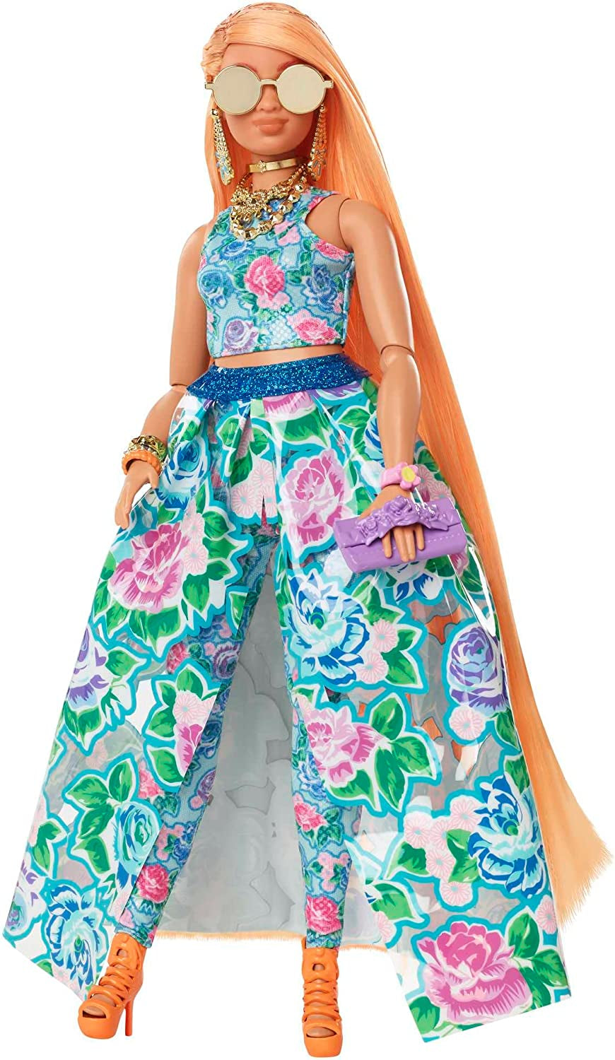 Barbie Extra Fancy, křivky dlouhé jahodové blond vlasy, dvoudílný oblek, modrá kočka, růžová taška, ananasové sluneční brýle včetně panenky, vhodné jako dárek, panenky Hhn14 Naty Shop