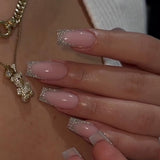 Dlouhé francouzské tipy Zlaté třpytivé lepidlo na dlouhé čtvercové nehty Glitter French Tip Sada umělých nehtů čtvercové umělé nehty pro ženy 24ks