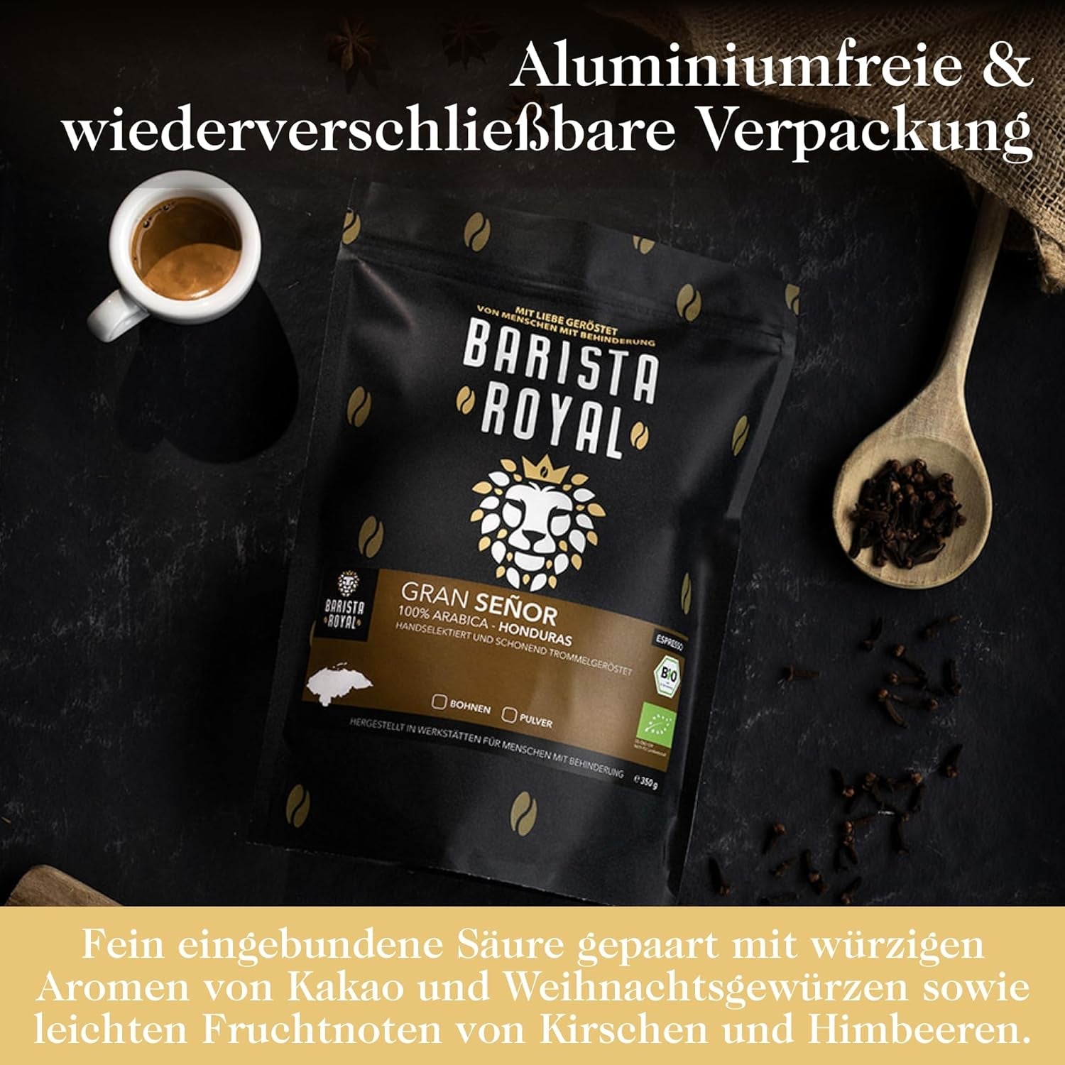 BARISTA ROYAL Bio Espressobohnen 1kg "Gran Señor" | Čerstvé Kaffeebohnen přímo z Hondurasu | 100% Arabica Espresso ganze Bohnen | Ideální pro plně automatické a Siebträger