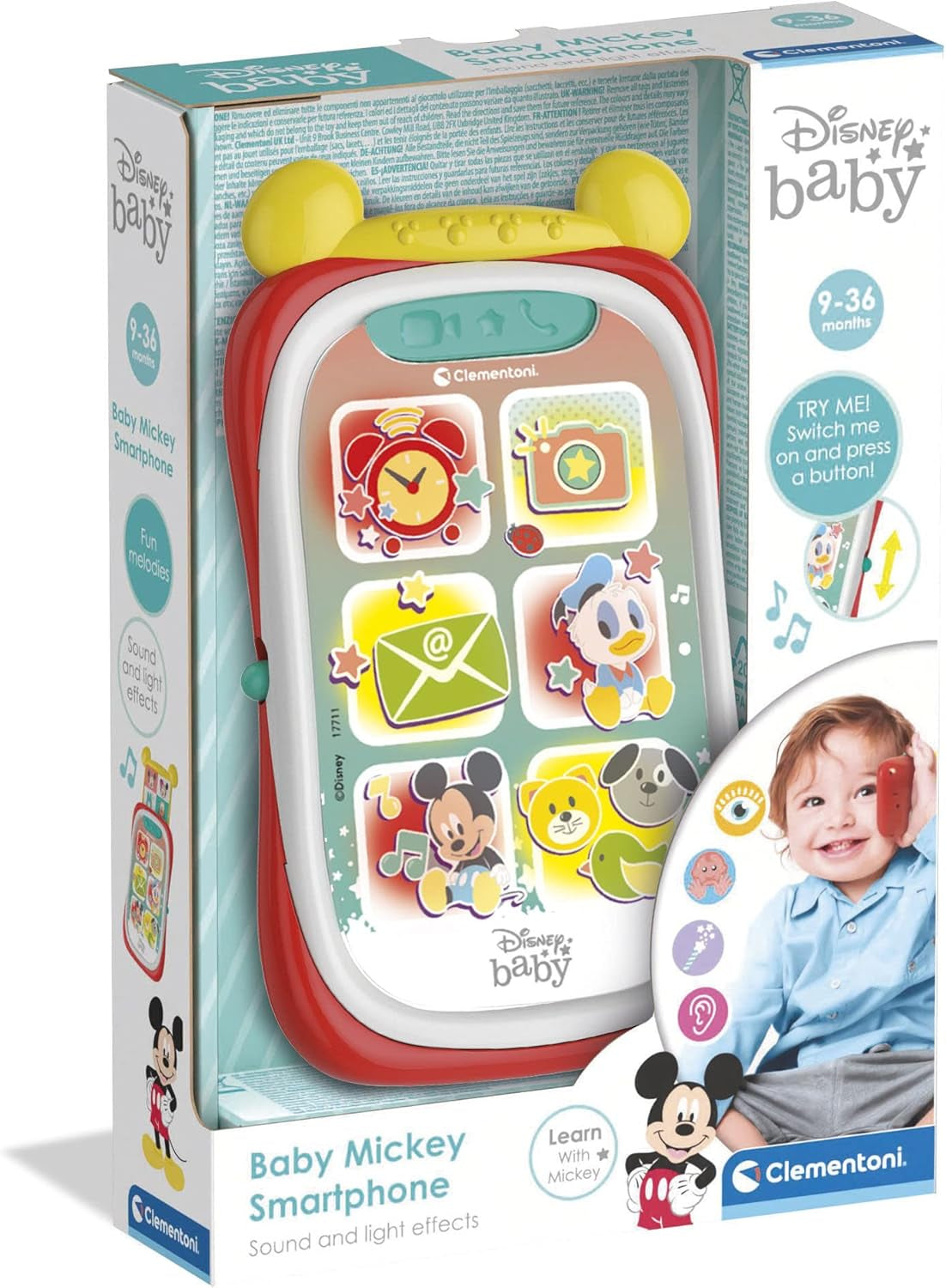 Clementoni 17711 Disney Baby Baby Mickey chytrý telefon, dětský mobilní telefon se světelnými a zvukovými efekty, interaktivní hračka pro děti 9-36 měsíců, M, vícebarevné Bebe Toys Naty Shop