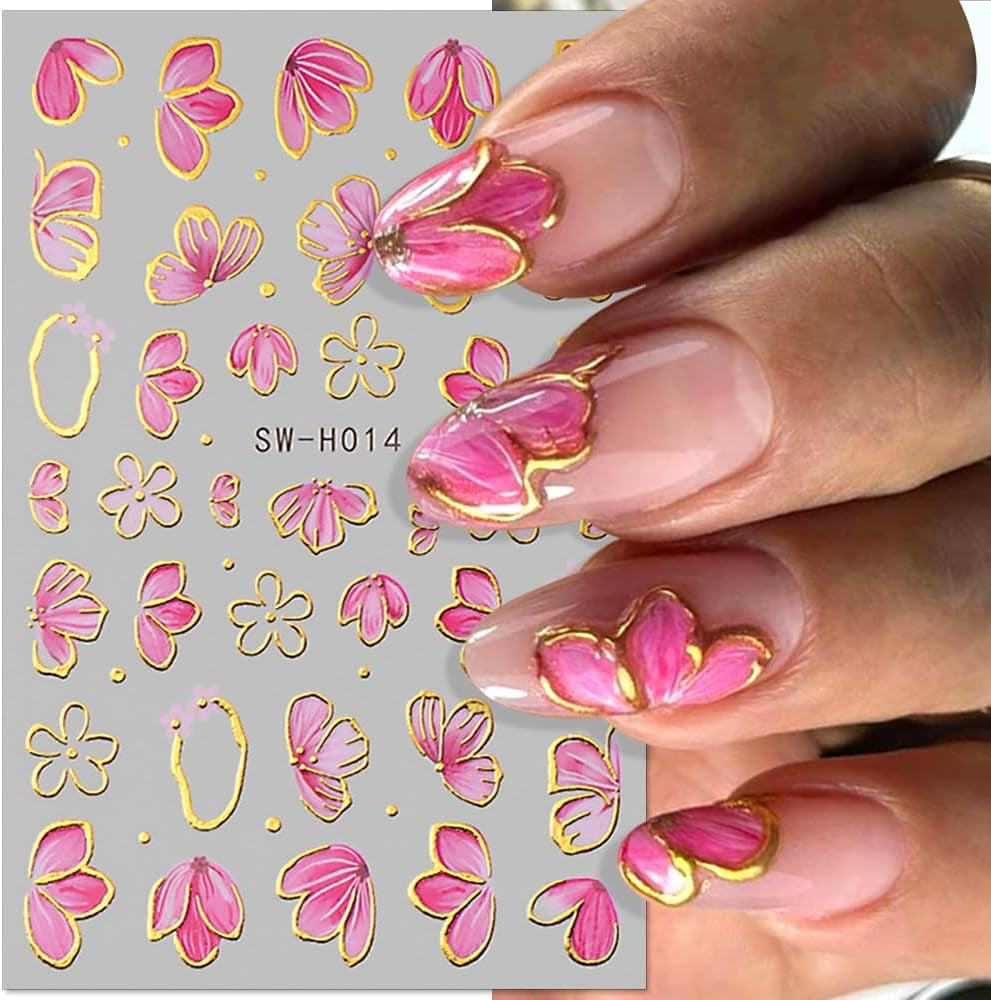 Zlatá Linie Schieber Rosa Samolepka na nehty Blumen 3D Květina Samolepka na nehty Sakura Blütenblätter Blumen Nagelaufkleber Frühling Summer Floral Nagel Sticker Květiny Samolepky na nehty Nageldesign Zubehör Nail Art