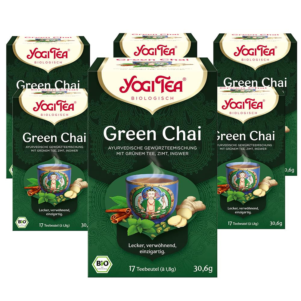 Yogi Tea Green Chai, Bio ajurvédský kořeněný čaj, směs skořice, máty, zeleného čaje, zázvoru, kardamomu a hřebíčku, 6x17 čajových sáčků (celkem 102 čajových sáčků)