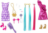 Barbie Totally Hair – panenka se snadno upravitelnými extra dlouhými duhovými vlasy a 10 módními a stylingovými doplňky, puntíkované šaty s barevnými bloky, pro děti od 3 let, HKT96