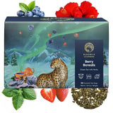 Prémiové sáčky zeleného čaje Blooms & Leopard – směs Berry Borealis s ibiškem, borůvkou, jahodou a mátou – 20 pyramidových čajových sáčků na horký nebo studený čaj
