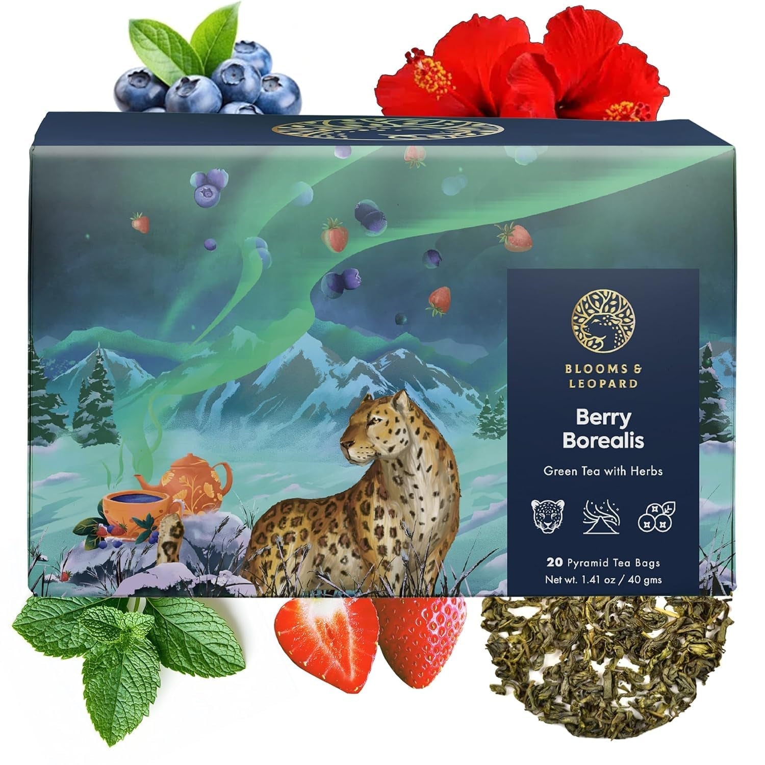 Prémiové sáčky zeleného čaje Blooms & Leopard – směs Berry Borealis s ibiškem, borůvkou, jahodou a mátou – 20 pyramidových čajových sáčků na horký nebo studený čaj