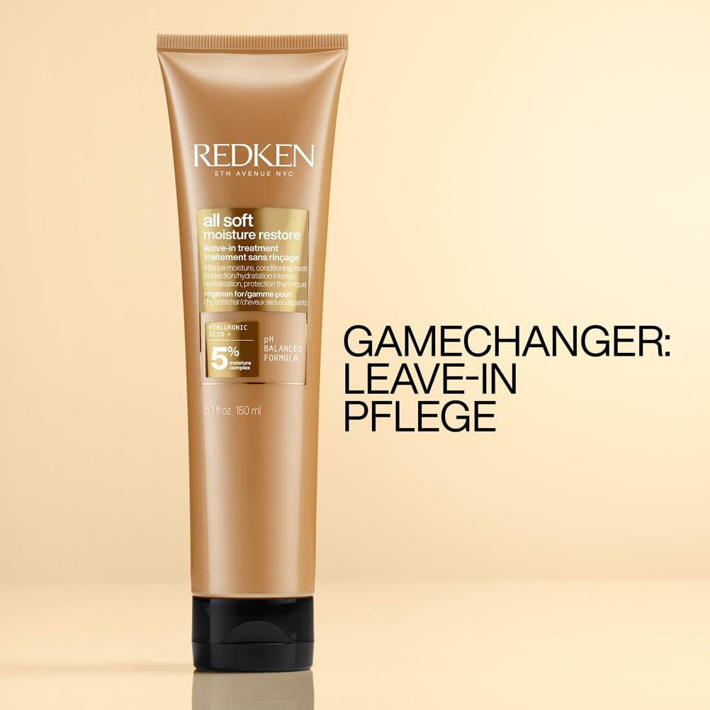Redken vlasová maska s kyselinou hyaluronovou pro suché vlasy, proti krepatění a tepelná ochrana až do 230°C, All Soft Moisture Restore bezoplachová maska, 1 x 150 ml Naty Shop vlasová maska