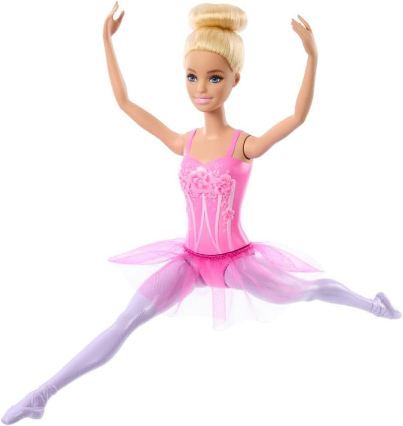 Panenka Barbie Ballerina Módní blonďatá panenka v odnímatelných lila Tutu s baletními pažemi a špičatými botami HRG34