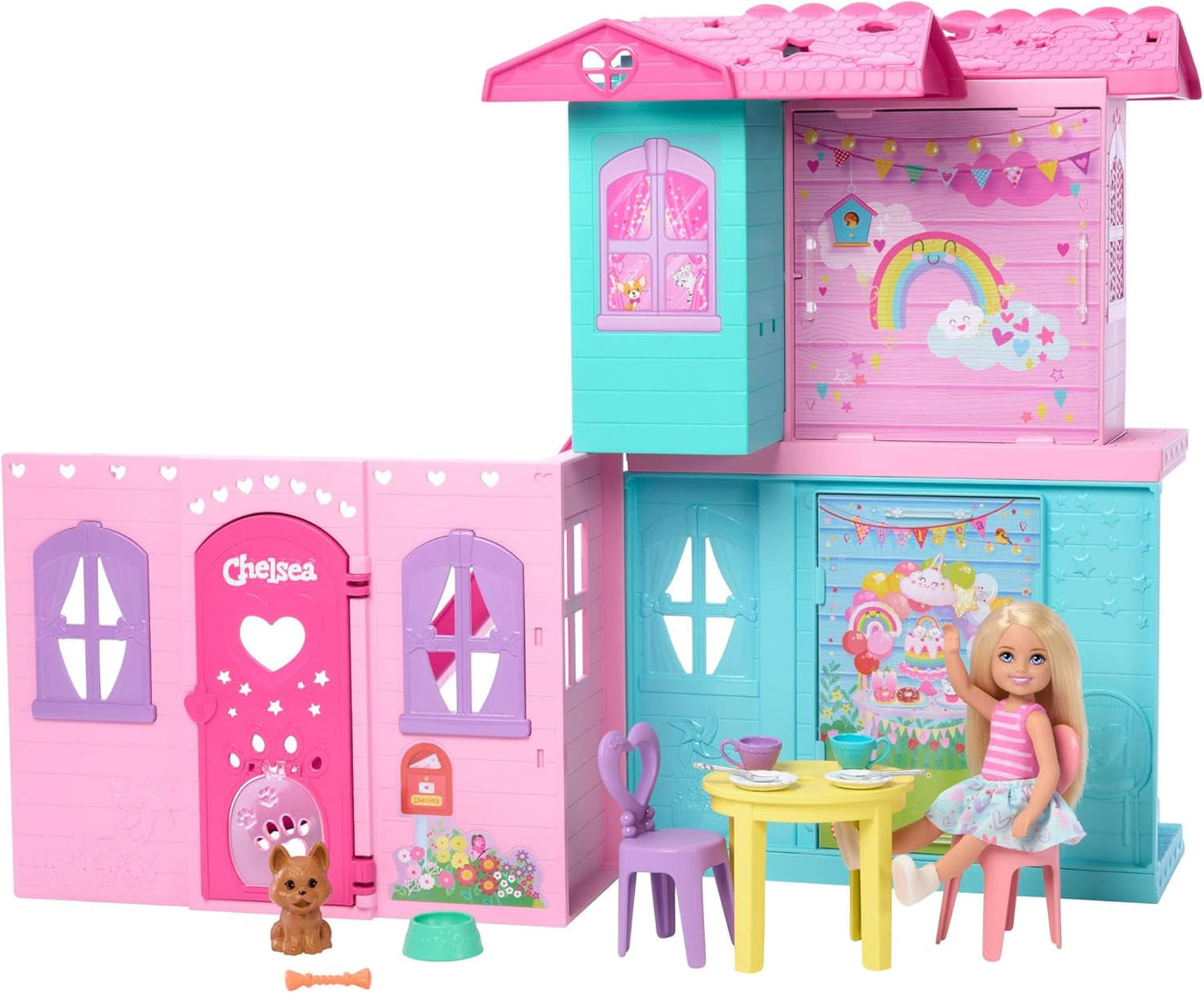 Barbie Chelsea domeček pro panenky s 15+ doplňky, vyskakovací domeček se zvětší na více než 42 x 33 cm s 5 hracími plochami a skluzavkou, s malou panenkou a psem, JFW49