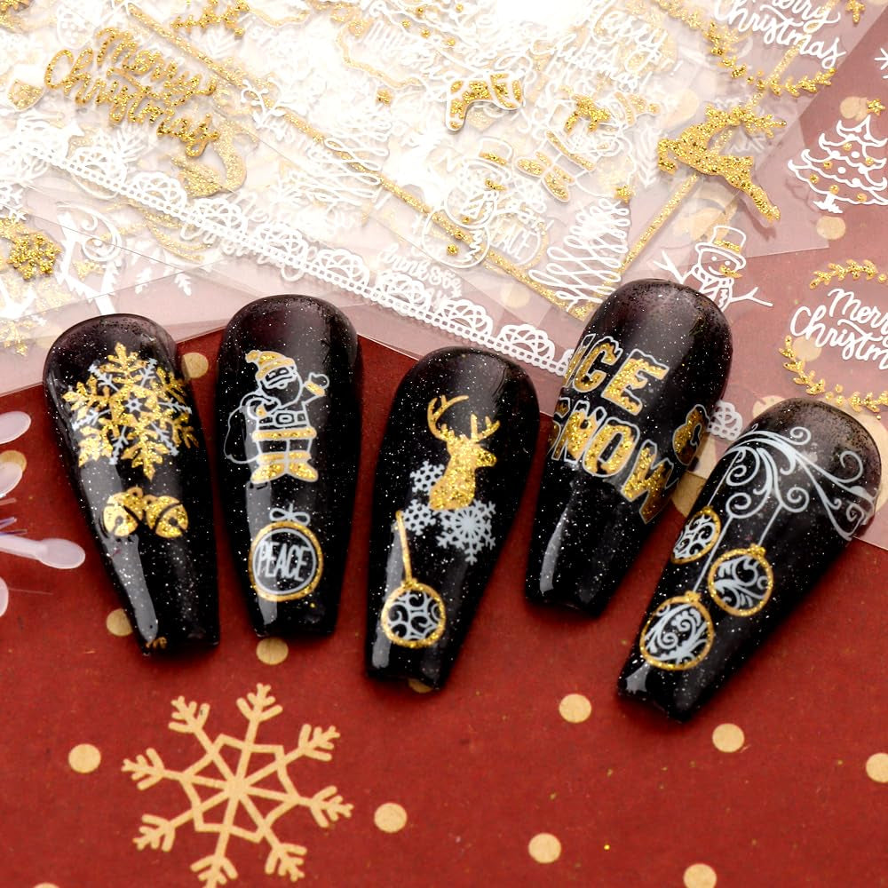 JMEOWIO Nagelsticker Weihnachten 9 Blatt Nail Art Sticker Selbtklebend Nagelaufkleber Schneeflocke Schneemann Festival Weißes Zlatá dekorace Nageldesign Zubehör