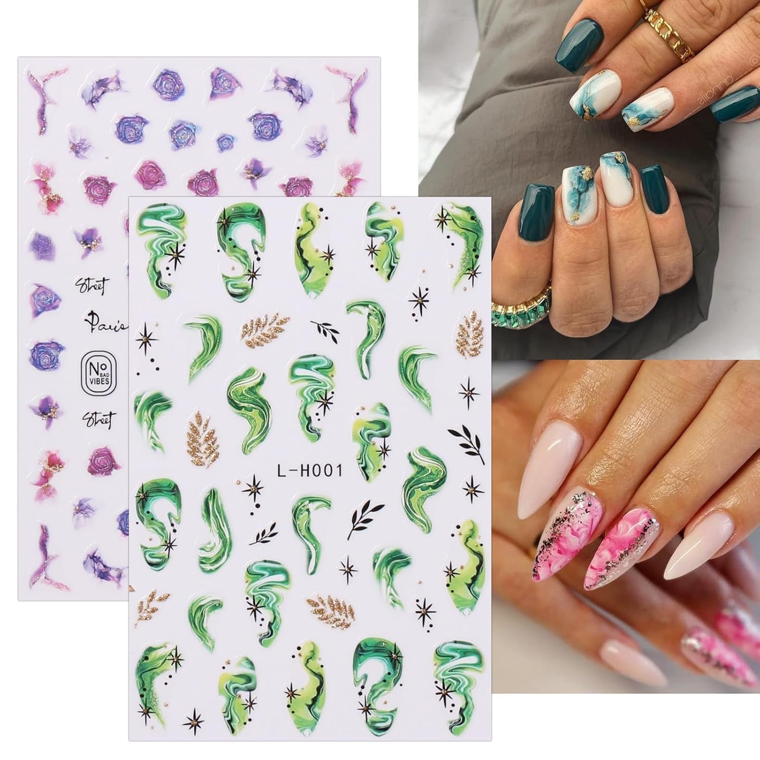 Jmeowio JMEOWIO Nálepka na nehty Marmor Französische Spitze 10 Blatt Nálepka na nehty Selbtklebend Nagelaufkleber Bunt Dekoration Nageldesign Zubehör