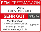 Espresso AEG Deli 5, 1,5 l, programovatelný časovač, funkce udržování teploty, bezpečnostní zastavení, ukazatel hladiny vody, optimální dávkování, funkce proti odkapávání, nerez, CM5-1-6ST