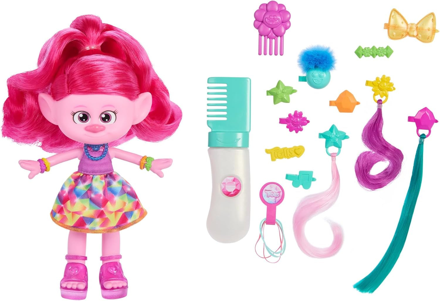 Mattel DREAMWORKS TROLLS Together Strong - Hair-Tastic Queen Poppy Fashion Doll - 15+ doplňků, třpytivý hřeben, omyvatelný třpytivý gel, pro věk 3+, HNF25 Naty Shop Queen Poppy Dolls