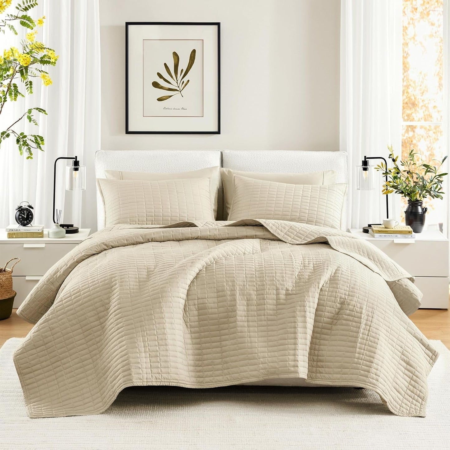 Sada přikrývek Comfort Spaces Kienna, luxusní letní přikrývka s dvojitým stehem, lehká, měkká, celoroční povlečení, odpovídající povlak na polštář, bílá, přikrývka na manželské postele (264,2 x 228,6 cm), přikrývky a prošívané přikrývky Naty Shop slonovina King/Cal King (104"X90")